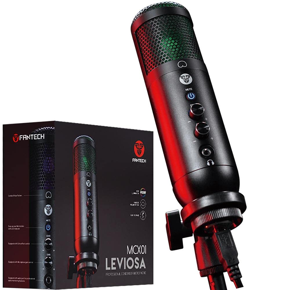 Fantech MCX01 Leviosa Professional Condenser Microphone - Cardioid Polar Pattern - RGB Illumination - USB Interface - Easy Adjustable Tripod - Pop Filter