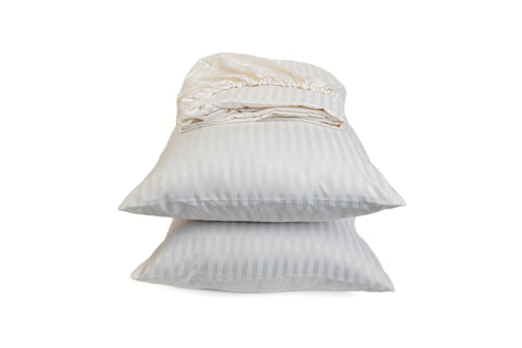 Striped Fitted Sheet Set - Fine Quality Hotels and Home Décor - 1 Fitted Sheet 180cm * 200cm + 2 Pillow Cases 50cm * 70cm - Matresses Up to 30cm - Brushed Cotton - Offwhite