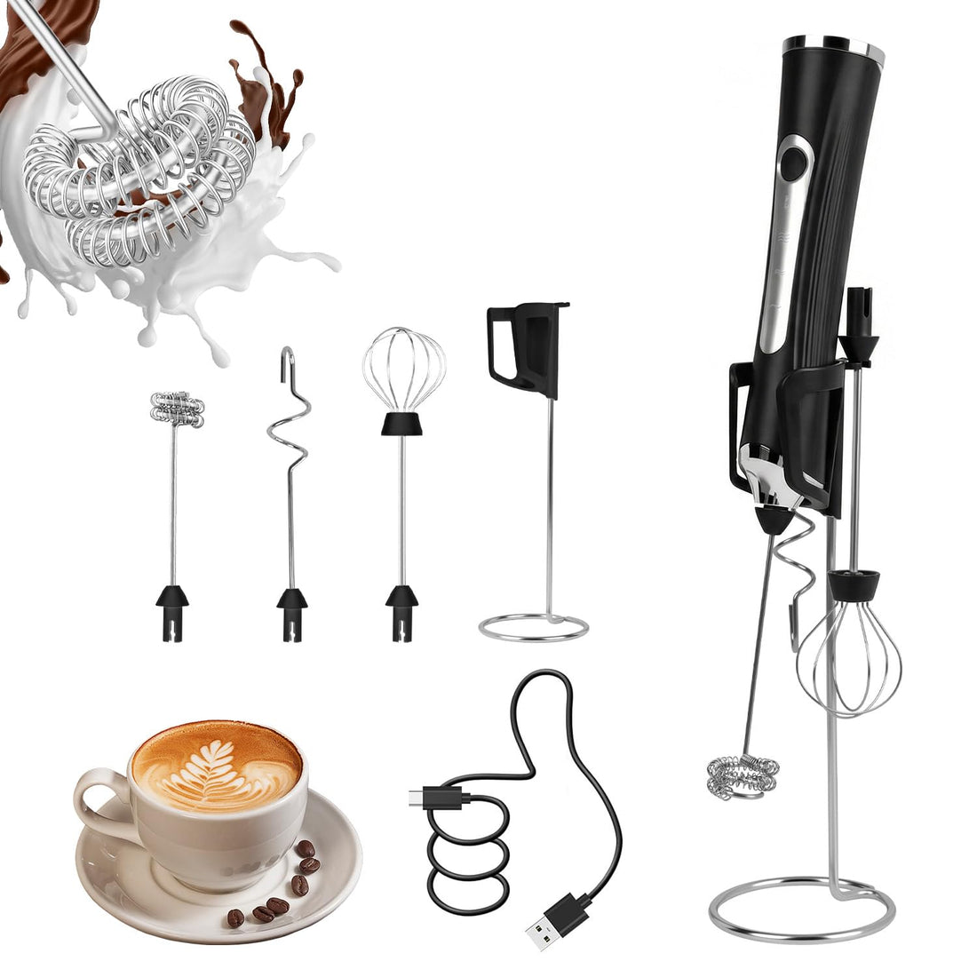 ANYOUI Rechargeable Milk Frother with Stand, 3 Speed Adjustable, 3 Whisks, Electric Handheld Frothers, Fast Recharge, Drink Mixer for Coffee, Milk, Lattes, Cappuccino Cream Matcha(Black)