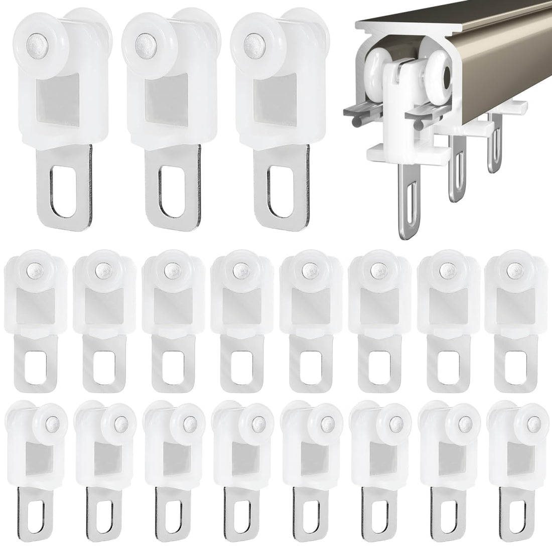 PartyKindom 50pcs Heavy Duty Curtain Track Roller Hooks Smooth Gliding Curtain Slide Carrier for Standard Traversing Rods Gliders for Easy Installation and Use