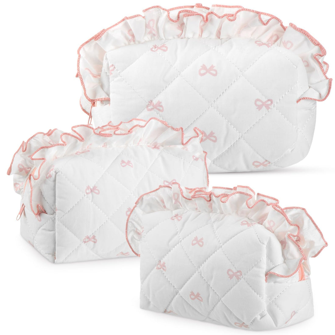 3 Pcs Pink Quilted Makeup Bag Set with Bows - Aesthetic Coquette Cosmetic Pouch & Toiletry Bag Set for Women Girls Travel & School