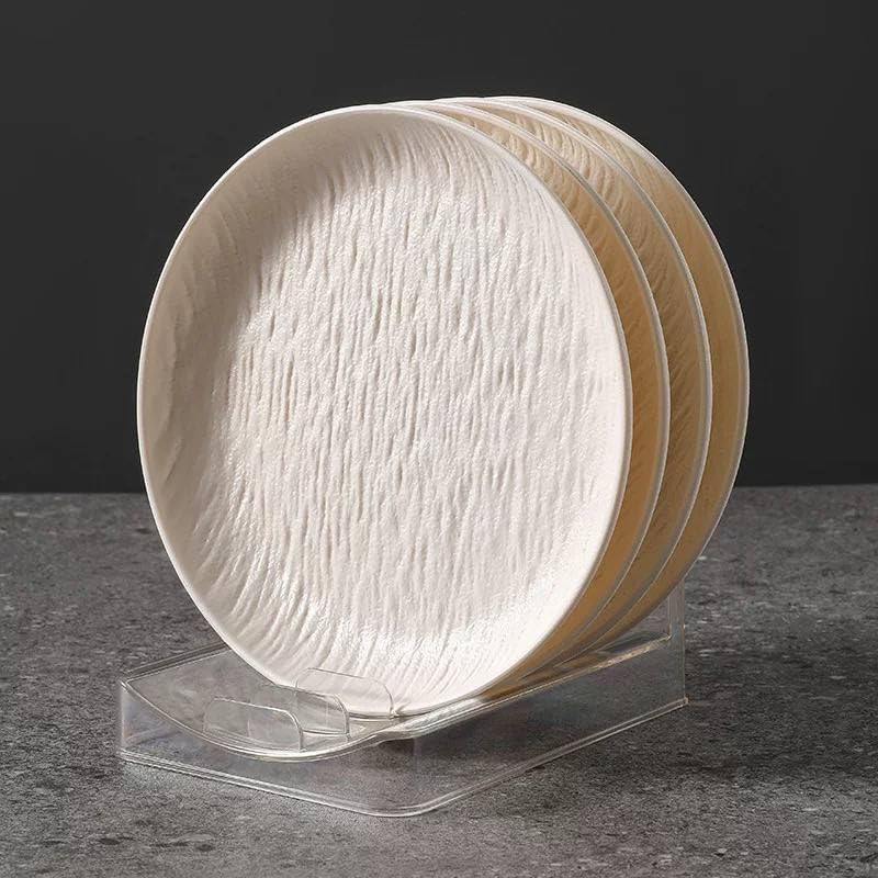 Generic Textured Dinner Plates with Display Stand, 7-Piece Set, White, 6 Plates and Acrylic Holder .sa