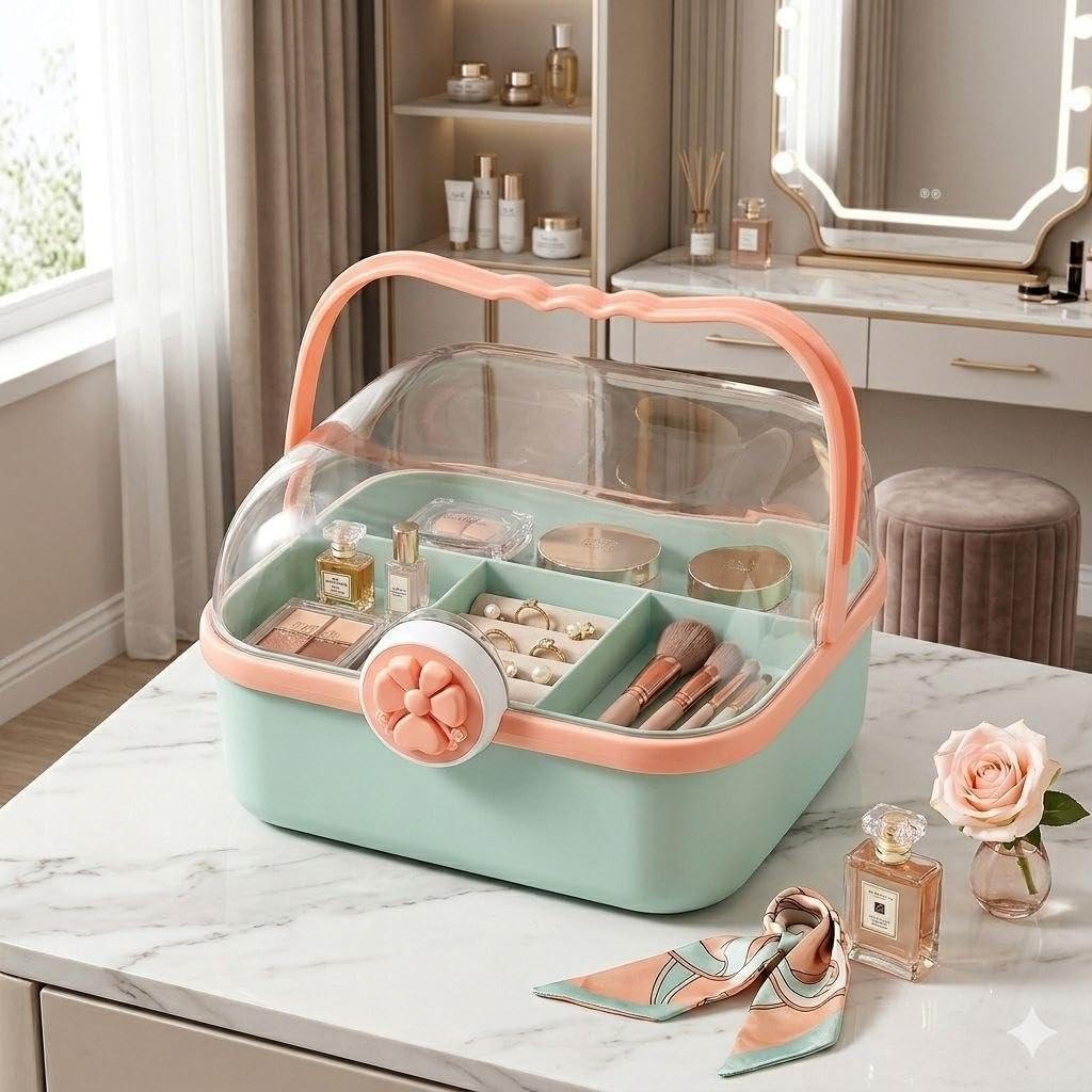 Makeup Organizer- Compact organizer with two levels, clear lid and handle. Perfect for accessories, beauty products, tablets and sewing tools. It keeps the dresser and drawers organized in a modern an