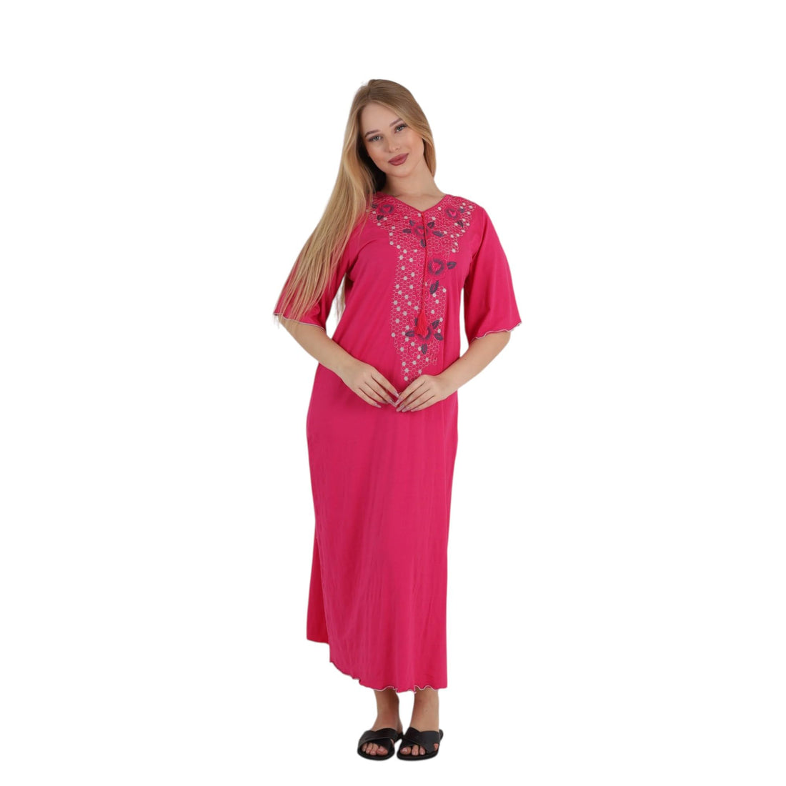 ZECOTEX Women's Cotton Embroidered Maxi Nightgown – Elegant Floral Embroidery | Loungewear Dress with Tassel Detail | Made in Egypt | Sizes L To 5XL