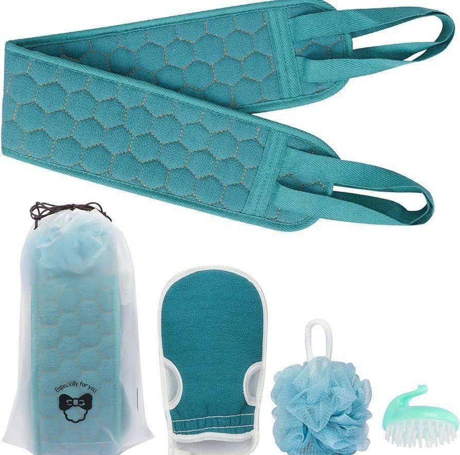 Shower Loofah Set – 3-Piece Exfoliating Kit With Moroccan Bath Glove, Soft Body Sponges & Back Scrubber Strap For Women & Men – Deep Cleansing Bath Accessories For Smooth Skin(Blue)
