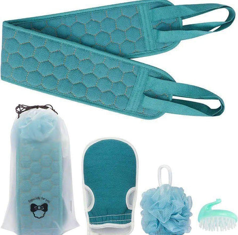 Shower Loofah Set – 3-Piece Exfoliating Kit With Moroccan Bath Glove, Soft Body Sponges & Back Scrubber Strap For Women & Men – Deep Cleansing Bath Accessories For Smooth Skin(Blue)