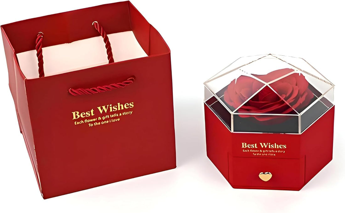 Romance souvenir box - a beautiful hexagonal jewelry holder with eternal flower details, a laptop design for the annual anniversary, and studied gifts (red)