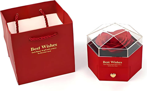 Romance souvenir box - a beautiful hexagonal jewelry holder with eternal flower details, a laptop design for the annual anniversary, and studied gifts (red)