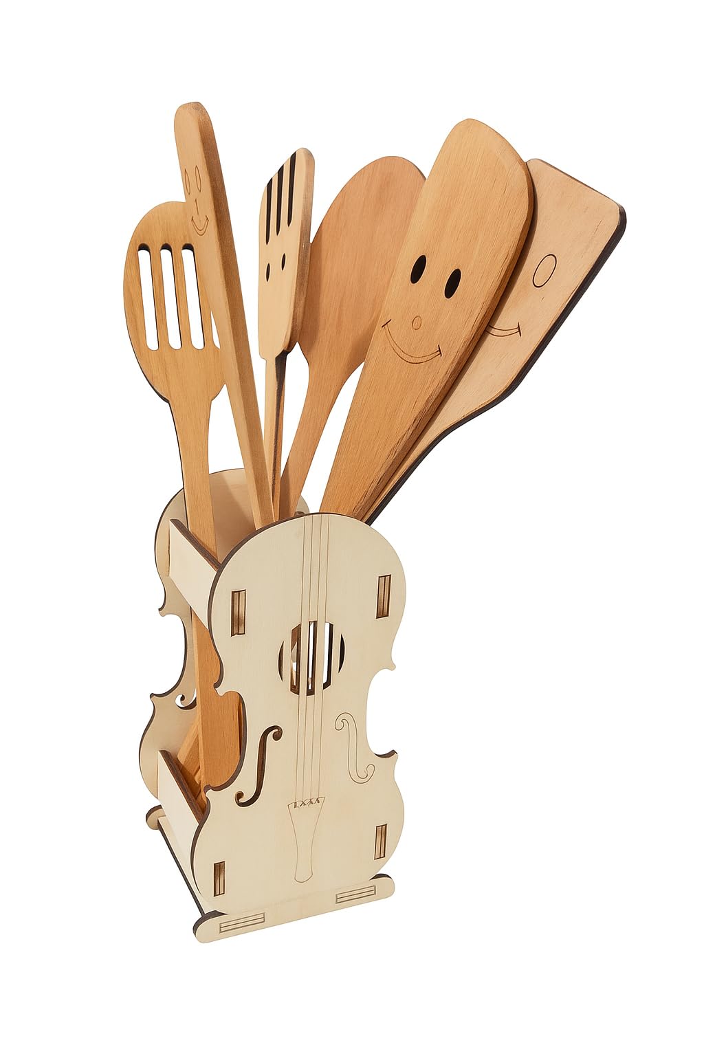 Wooden Kitchen Utensil Set with Violin Stand Decorative Spoon Set Beech Wood Perforated Spoon Set Creative Kitchen