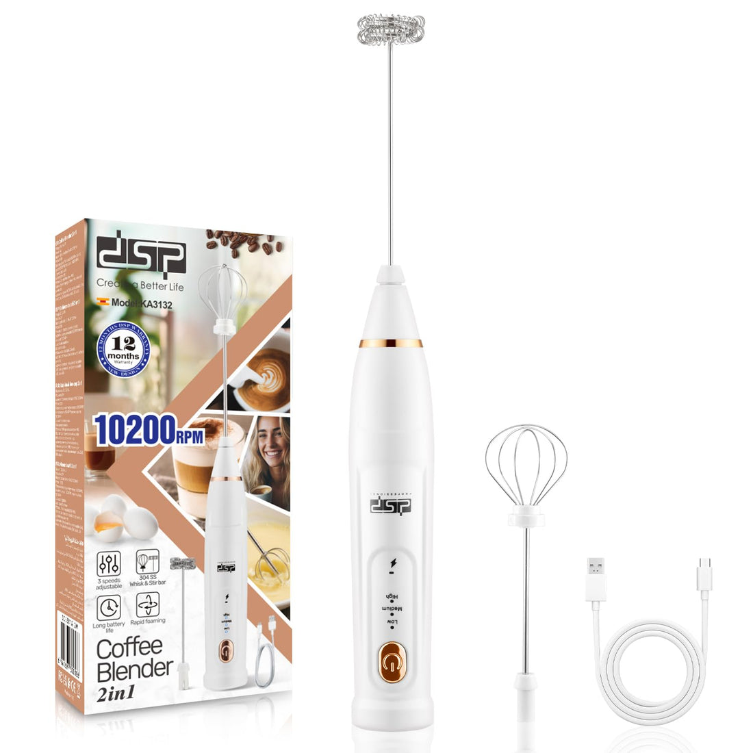 DSP Milk Frother Handheld Rechargeable, Frother for Coffee, Drink Mixer with 3 Speeds 10200RPM, Kitchen Powerful Frother Wand, Suitable for Stirring Eggs, Milk, Juice, Milk Powder (Snow White)