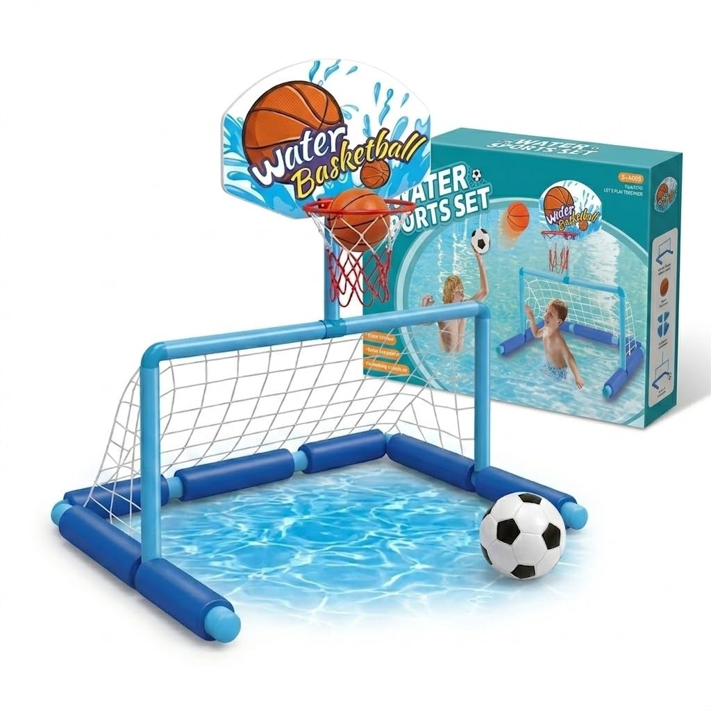 2-in-1 Floating Pool Toy Set - Water Basketball Hoop & Soccer Goal with Red Hand Pump - 36PCS Modular Inflatable Sports Set for Kids & Adults - Includes Soccer Ball & Basketball - Blue