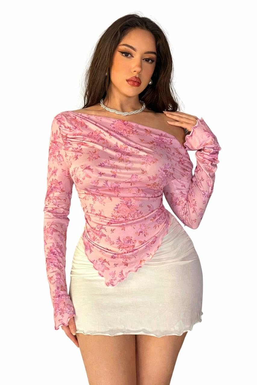 SHEIN Women Vacation Pink Floral Print Tie Romantic Pink All-Over Floral Print Casual Asymmetric Shoulder Long Sleeve T-Shirt,Crop Tops Women,