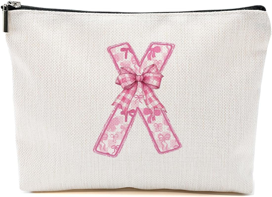 Personalized Initial Letter Makeup Bag, Rose Initial Cosmetic Bag with Zipper Birthday Gifts for Women Girls, Pink bow (X)