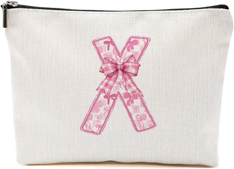 Personalized Initial Letter Makeup Bag, Rose Initial Cosmetic Bag with Zipper Birthday Gifts for Women Girls, Pink bow (X)