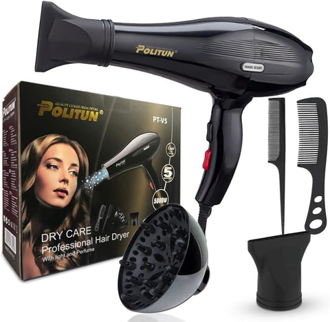 5000W Powerful Professional Hair Dryer, Salon Smooth Hair Dryer Quick and Quiet, with Diffuser, Detachable Nozzle, Two Speed Options, Three Heat Levels, Overheat Protection PT-V5