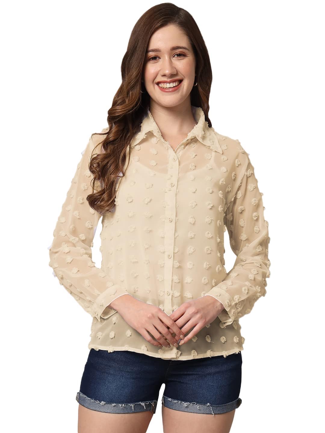 SUNSET EG STORE Women's Solid Sheer Chiffon Chunky Blouse (Beige, M)