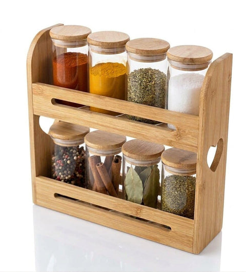 Bamboo Wood Spice Set with 2 Tier Stand – Glass Jars with Airtight Wooden Lids – Stylish and Space-Saving Spice Organizer for Modern Kitchen