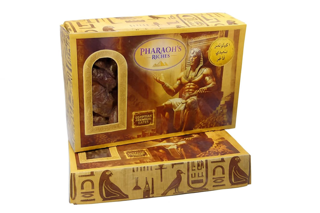 Pharaoh's Riches (الفراعنة) Premium Egyptian Dates - 1kg Family Pack - Natural & Nutrient Rich - High Energy تمور فاخرة - عبوة عائلية ١ كيلو - طبيعية وغنية بالعناصر الغذائية والطاقة الطبيعية