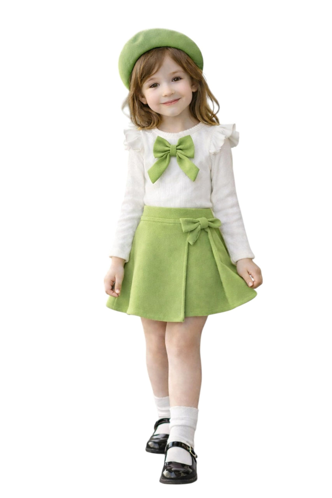 Miza Girls Set 3 Pieces - Basic Rib Cotton Blouse + Imported Crepe Scuba Skirt + Beret Hat