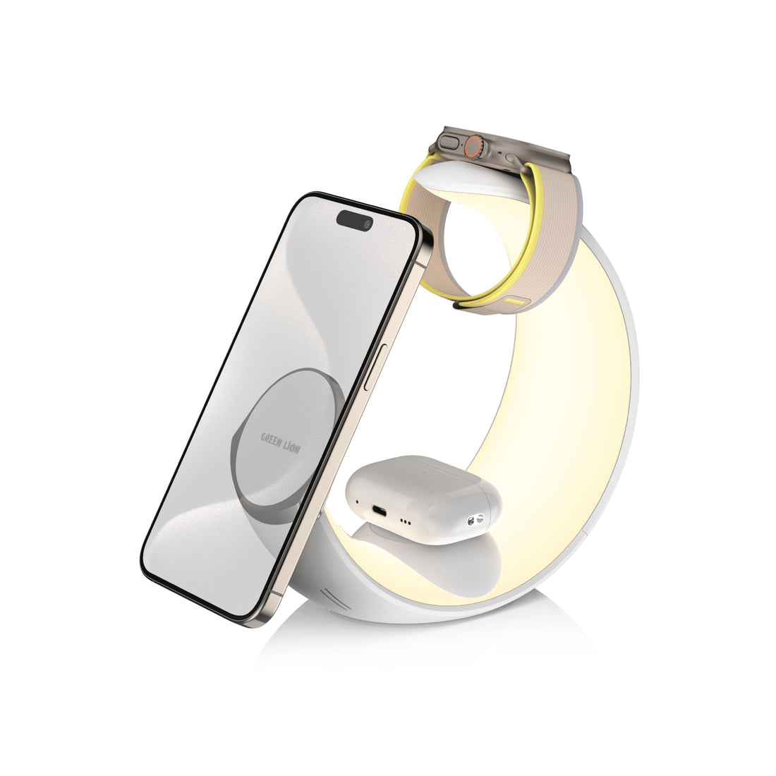 Green Lion Moon Charge 4-in-1 Wireless Charger with RGB Ambient Lighting, Fast Charging, Magnetic Design, and Touch Sensor Key – Compatible with MagSafe and Wireless Charging Devices
