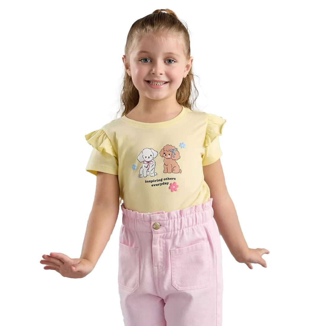 Max Girls Cartoon Printed Short Sleeve Ruffle 100% Cotton T-Shirt, Yellow, 2-8 Years