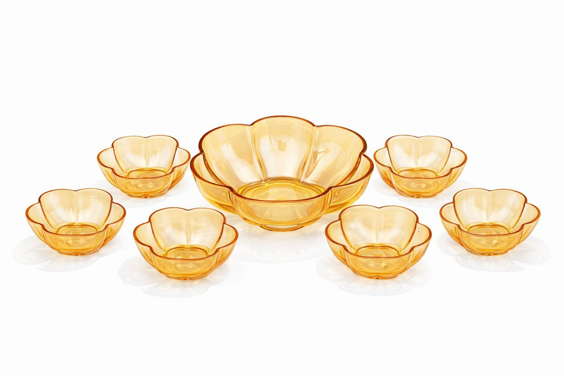 7-Piece Amber Glass Serving Bowl Set – Flower-Shaped Design with 1 Large Bowl & 6 Small Bowls – Heat-Resistant, Lead-Free Glass for Salads, Fruits, Desserts & Snacks