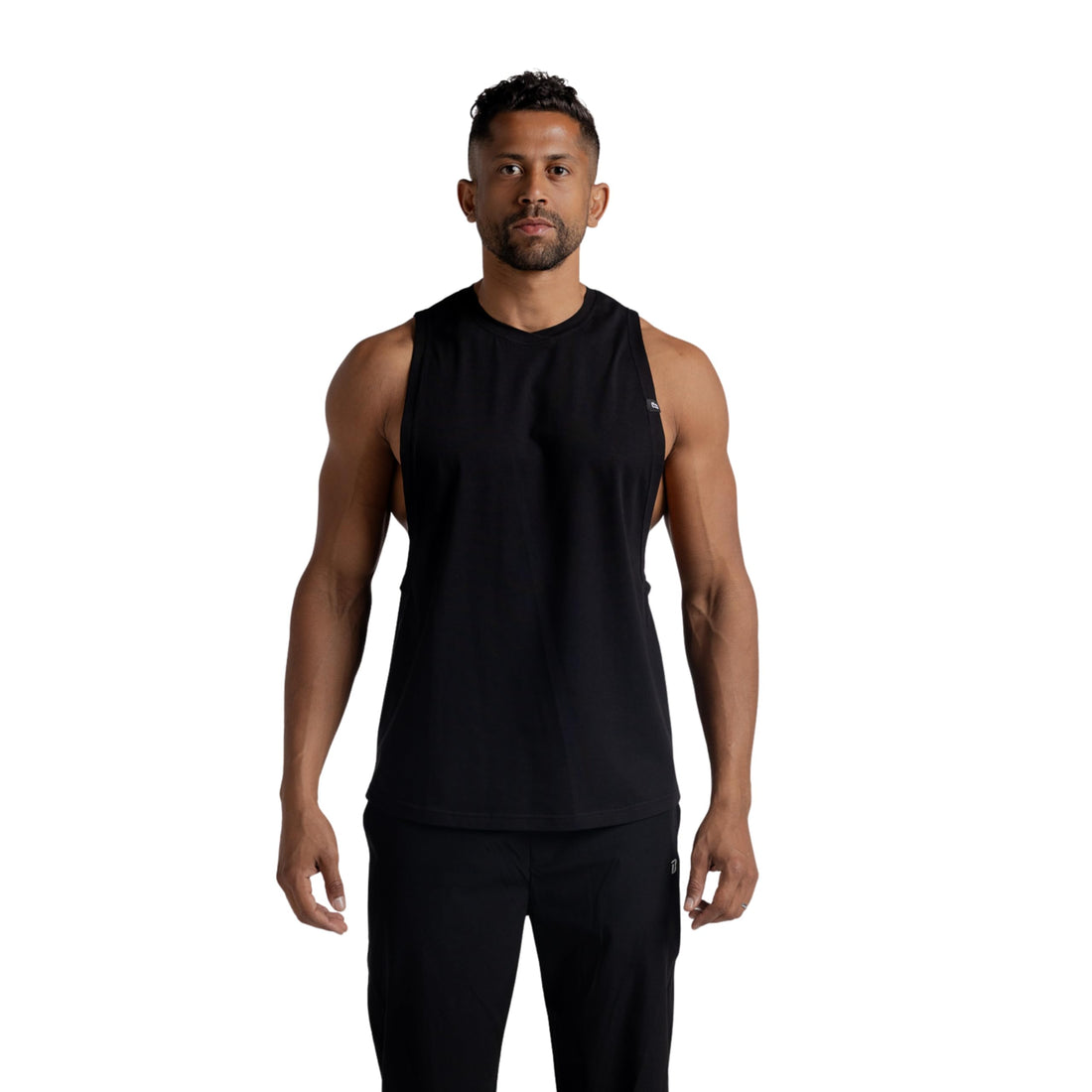 Men’s Cotton Low-Cut Tank Top (Black) Lightweight Muscle Stringer for Gym & Bodybuilding. Breathable Sleeveless Training Shirt. Standard Fit #242