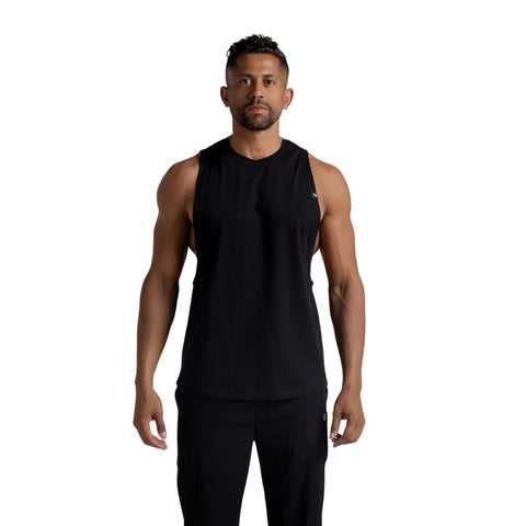 Men’s Cotton Low-Cut Tank Top (Black) Lightweight Muscle Stringer for Gym & Bodybuilding. Breathable Sleeveless Training Shirt. Standard Fit #242