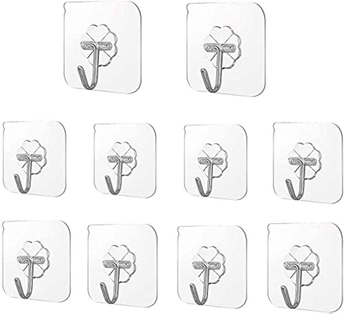 Honexa 10 PCS Adhesive Hooks Wall Hanger Hook, Bathroom Kitchen Transparent Reusable Seamless Scratch Wall Hooks for Towel Loofah Bathrobe Coats Ceiling Hanger (Pack - 10)