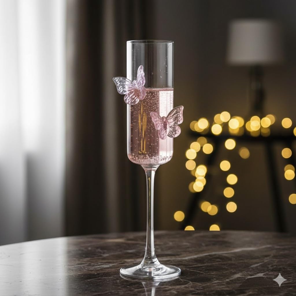 2-Piece Crystal Butterfly Champagne Flutes - Elegant Wedding Toasting Glasses with Pink 3D Butterflies - Premium Long Stem Sparking Wine Glasses for Brides, Anniversaries & Celebrations