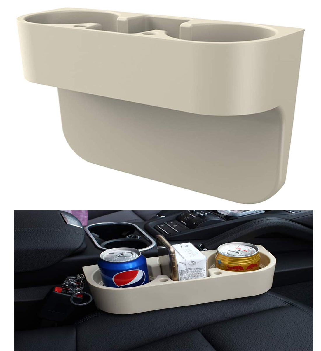 Multifunctional Car Cup Holders, 3 in 1 Car Seat Gap Organizer Storage Box, Water Bottle Double Cup Mobile Phone Mount Holder for Cars Trucks (Beige)