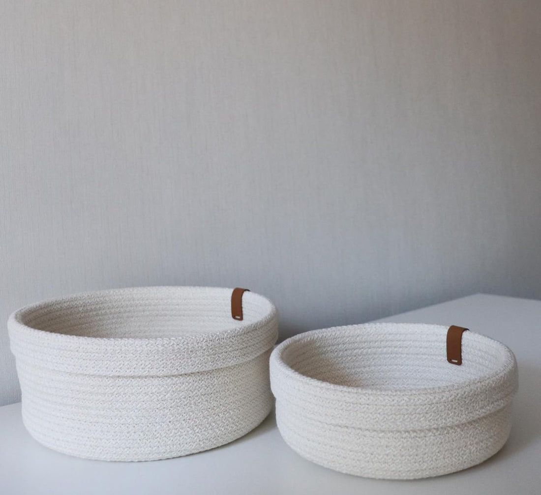 Woven It - Woven White Baskets, Set of 2, 20cm x 6cm and 20cm x 12cm can be used in Kitchen, toilet, living room, dining room, kids room, bed room, indoor & outdoor.