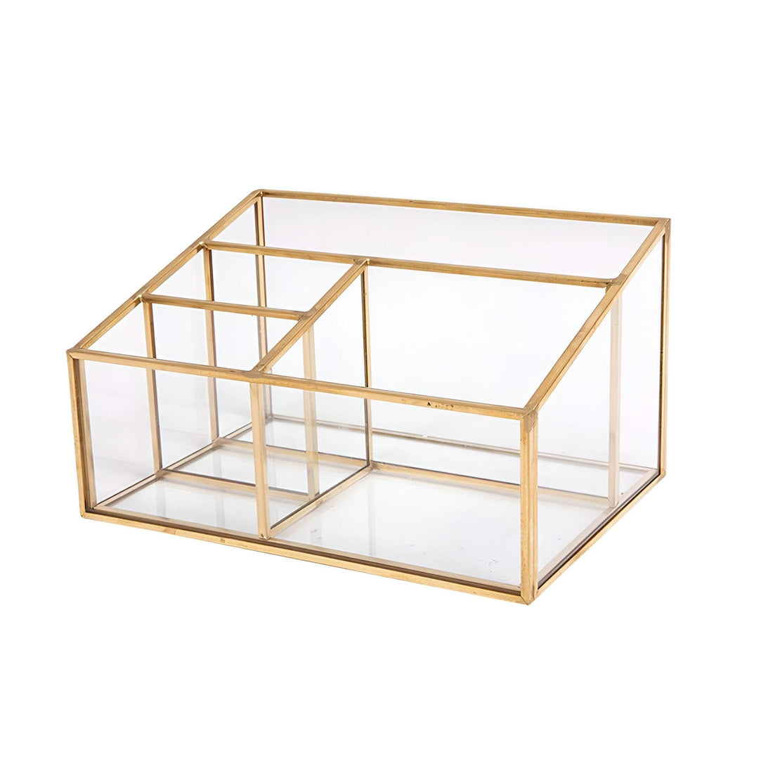 Cosmetic Storage - Chic Vintage Gold Makeup Organizer with Metal and Glass Elements, Designed to Keep Brushes and Beauty Tools Compactly Arranged, Making Your Routine Easier