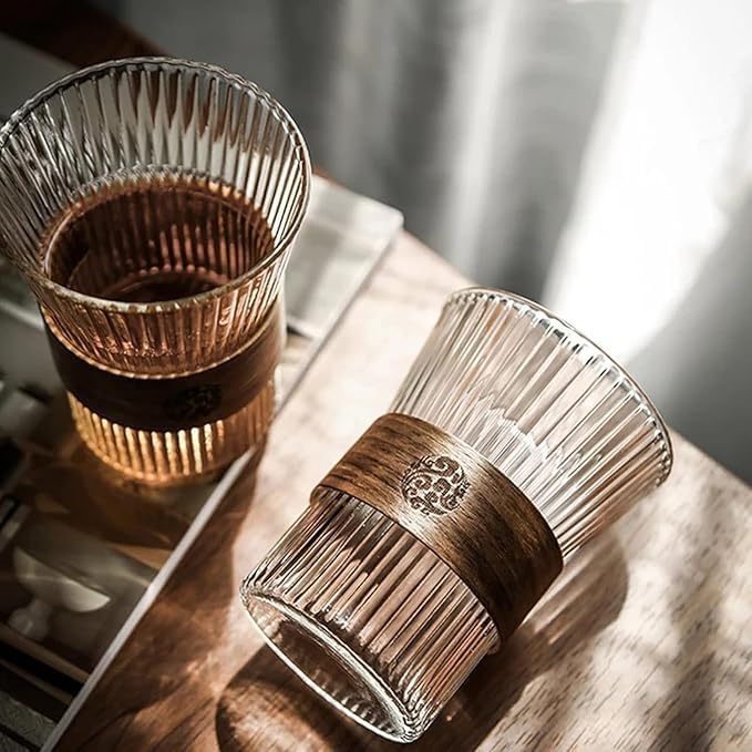 Glass Tea Ribbed Thermal 320ml Wood Frame