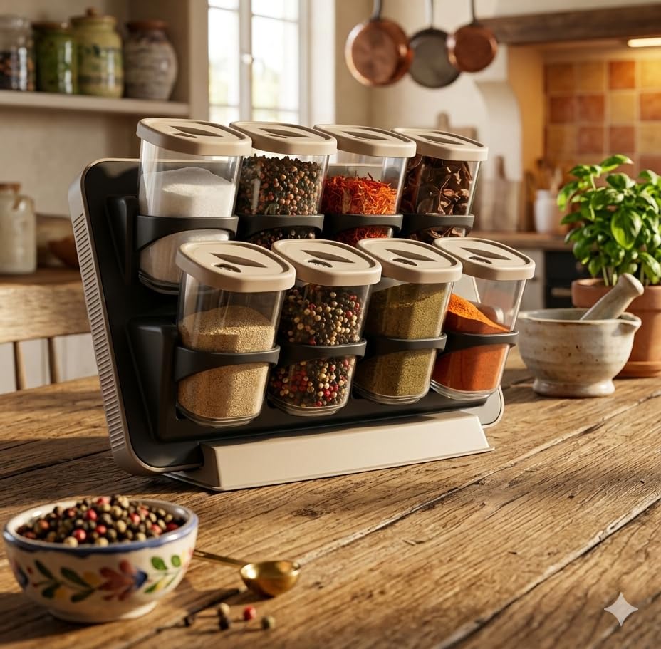 Modern 8 Piece Kitchen Spice Organizer Set With Clear Plastic Jars And Stable Counter Holder Space Saving Seasoning Storage Rack With Top Sprinkle Holes Multi Color Practical Home Cooking