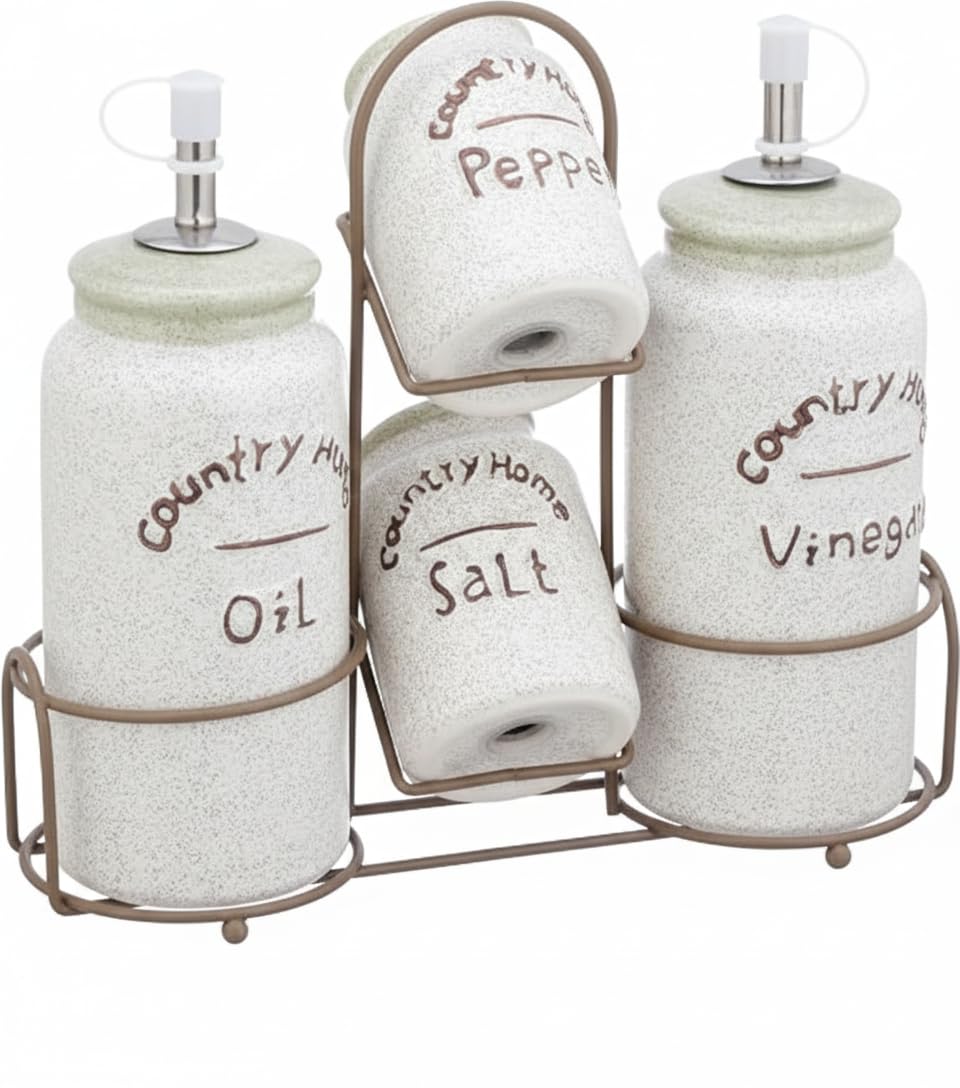 Home Care TT-1343 Porcelain Vinegar/Oil Set with 2 Salt Shakers Versatile Kitchen Storage, Pack of 1 - White Porcelain