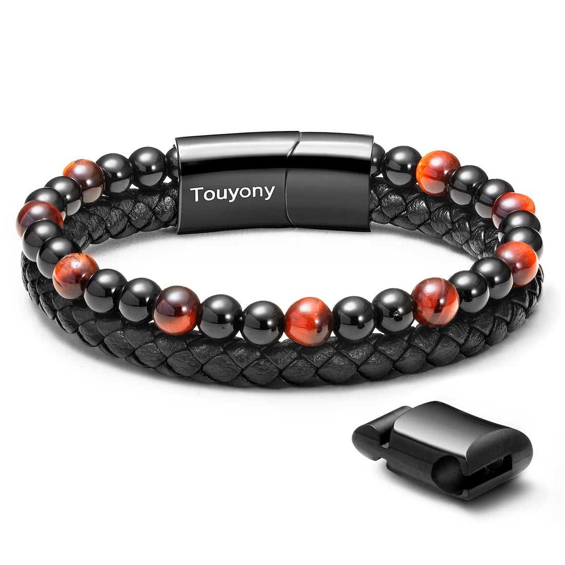 Leather bracelet men women tiger eye beads lava stone leather bracelet dad son husband gift good idea red black beads, 7.8, Leather