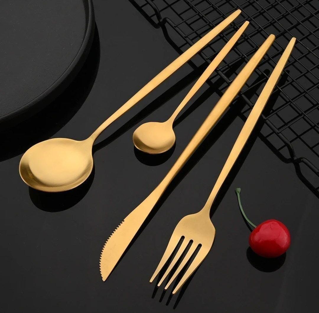 4-Piece Stainless Steel Flatware Set with Spoon, Fork and Knife, Elegant Modern Cutlery Set for Home Kitchen Dining Table, Durable Rust-Resistant Silverware for Daily Use and Special Occasions