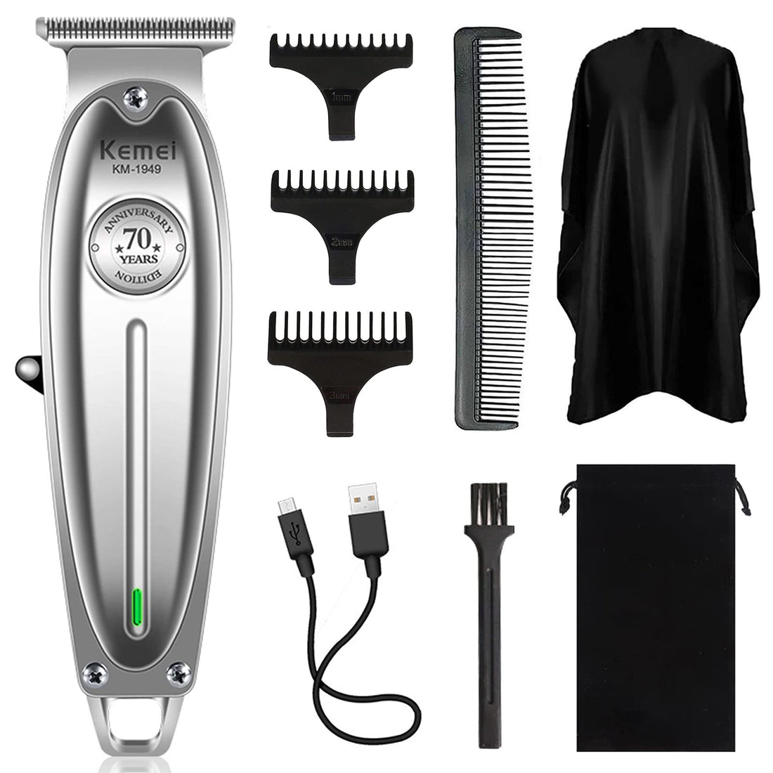 KEMEI 1949 Professional Hair Clippers for Men Zero Gap Trimmer Electric Cordless Beard/Hair Trimmer Rechargeable T-Blade Haircut Machine, Stylists and Barbers Grooming Kit with Cape, Silver
