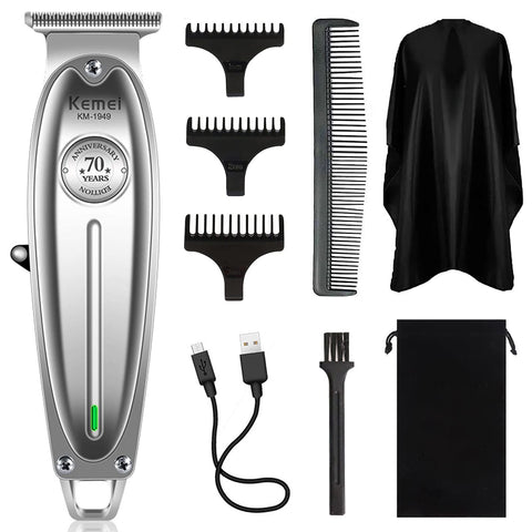 KEMEI 1949 Professional Hair Clippers for Men Zero Gap Trimmer Electric Cordless Beard/Hair Trimmer Rechargeable T-Blade Haircut Machine, Stylists and Barbers Grooming Kit with Cape, Silver