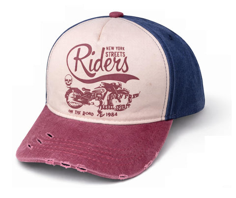 Vintage Washed Denim Baseball Cap – Riders Graphic Hat, Adjustable Strap, Cotton Blend 6 Panel Casual Cap for Men & Women, Tricolor Design – Dida Stores