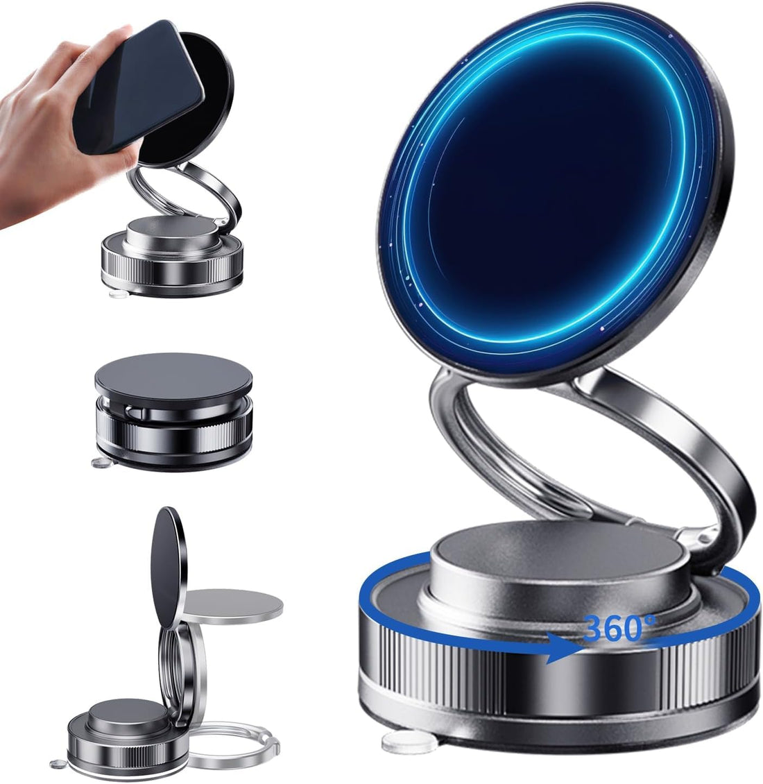 Fachooi Suction Cup Phone Mount Pro - Next-Gen Vacuum Magnetic Phone Holder for Car, 210° Adjustable Angle, Non-Slip Dashboard/Windshield Car Phone Holder, Bonus Toroidal Metal Plate for All Phones