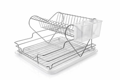 Stainless Steel Dish Drying Rack with Drain Tray & Removable Utensil Holder, Rust-Resistant Kitchen Counter Dish Drainer Organizer – Silver