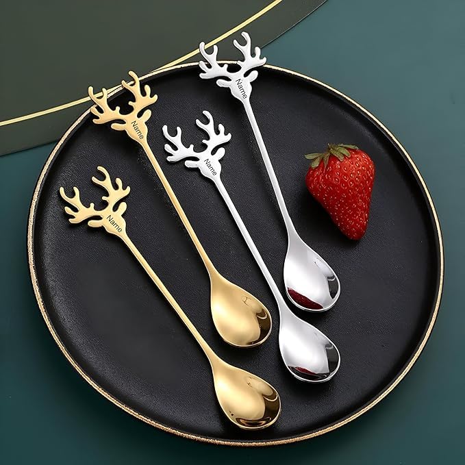 Set of 6 Golden Dessert Spoons Or Forks Stainless Steel Fruit Cutlery Set in Elegant Shapes (Tall 15cm - Short 12cm) (Short Fork, Deer)