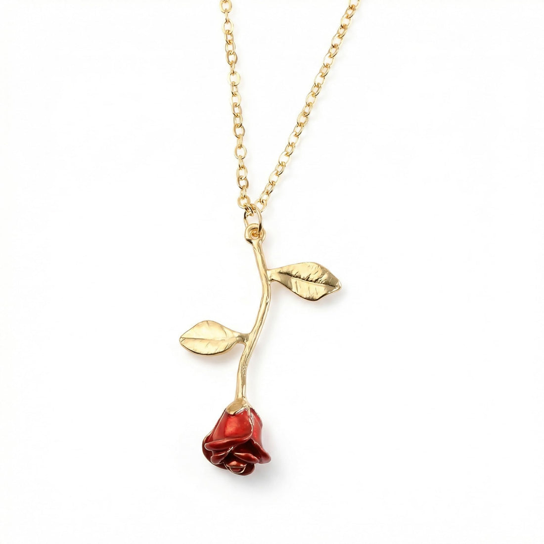 Women's Minimalist Rose Necklace, Red Floral Pendant with Gold Chain, Elegant Everyday Jewelry, 46cm Length