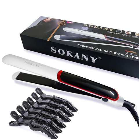 Hair Straightener SOKANY 955 – Ceramic Plates, Ionic, Adjustable Temp, Fast Heat-Up, Safety Lock – White + 6 Hair Clips