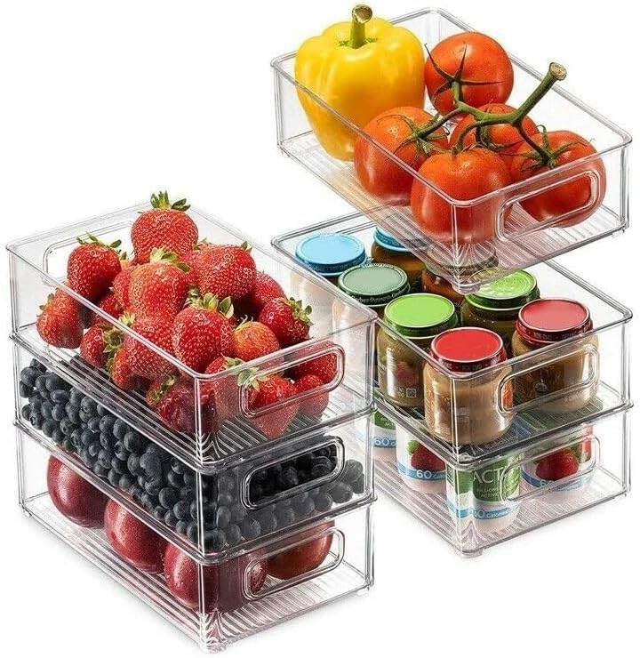 Refrigerator Organizer Bins - Stackable Fridge Organizers with Cutout Handles for Freezer, Kitchen, Countertops, Cabinets - Clear Plastic Pantry Food Storage Rack (3)