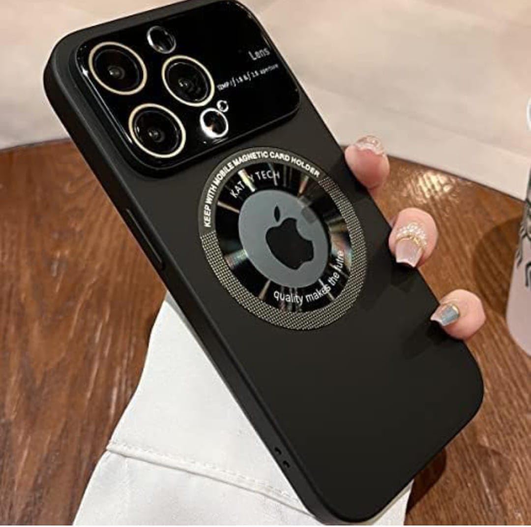 Compatible with iPhone 15 Pro Max Case, iPhone Logo Display Magnetic Case, Glass Window Lens Protector, Compatible with MagSafe, Shockproof Matte Hard Case for Women Men (Black)