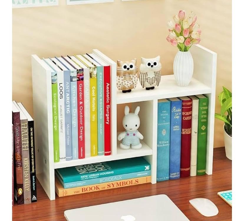 Desktop Bookshelf Organizer, Wooden Bookshelf White Wood, 3-Tier Storage Rack for Books and Decorative Items