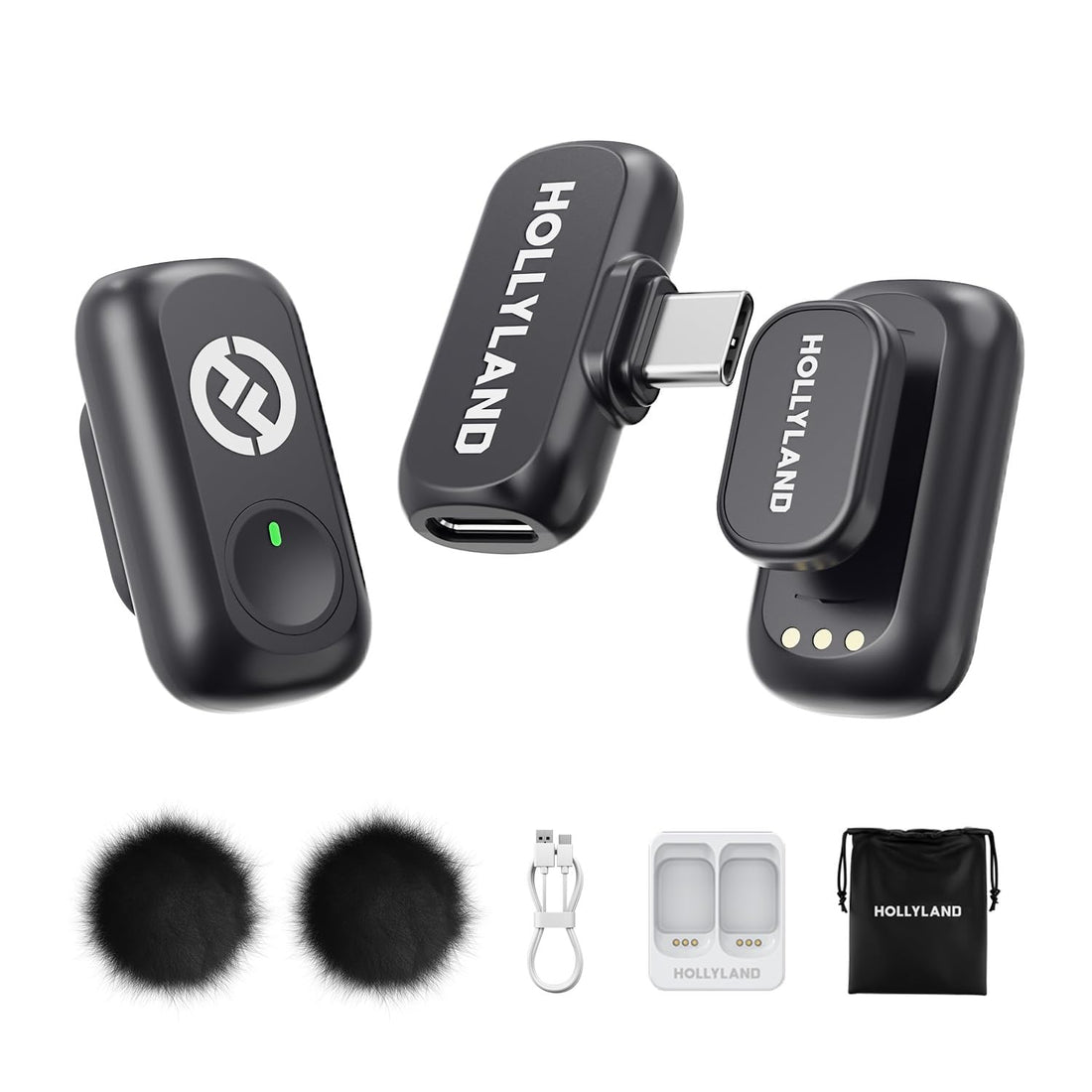 Hollyland Lark A1 Wireless Mini Microphone for iPhone 15/16 & Android, 48kHz/24-bit, 3-Level Intelligent Noise Cancel, Magnetic Microphone for YouTube, Podcast, Vlogging (Black, 2TX + USB-C RX)